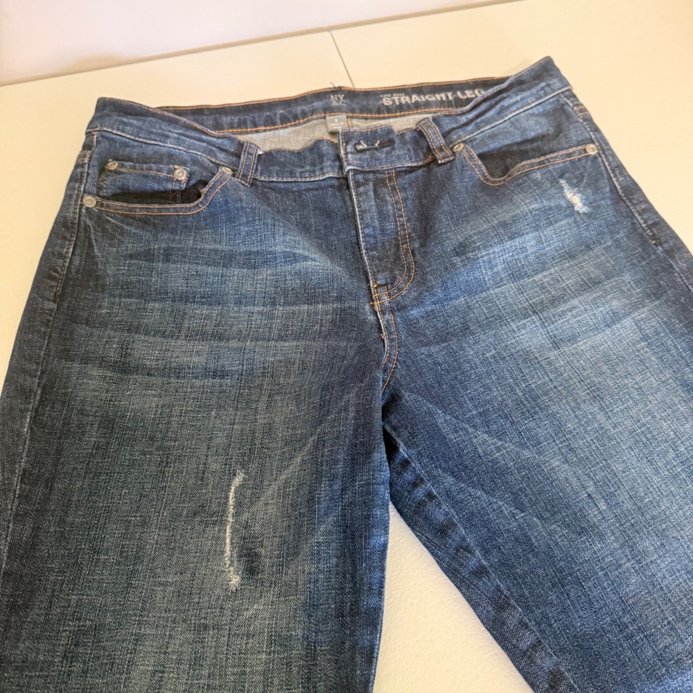 New York & Company Women Low Rise Straight Leg Jeans Dark Wash Distressed Size 8
